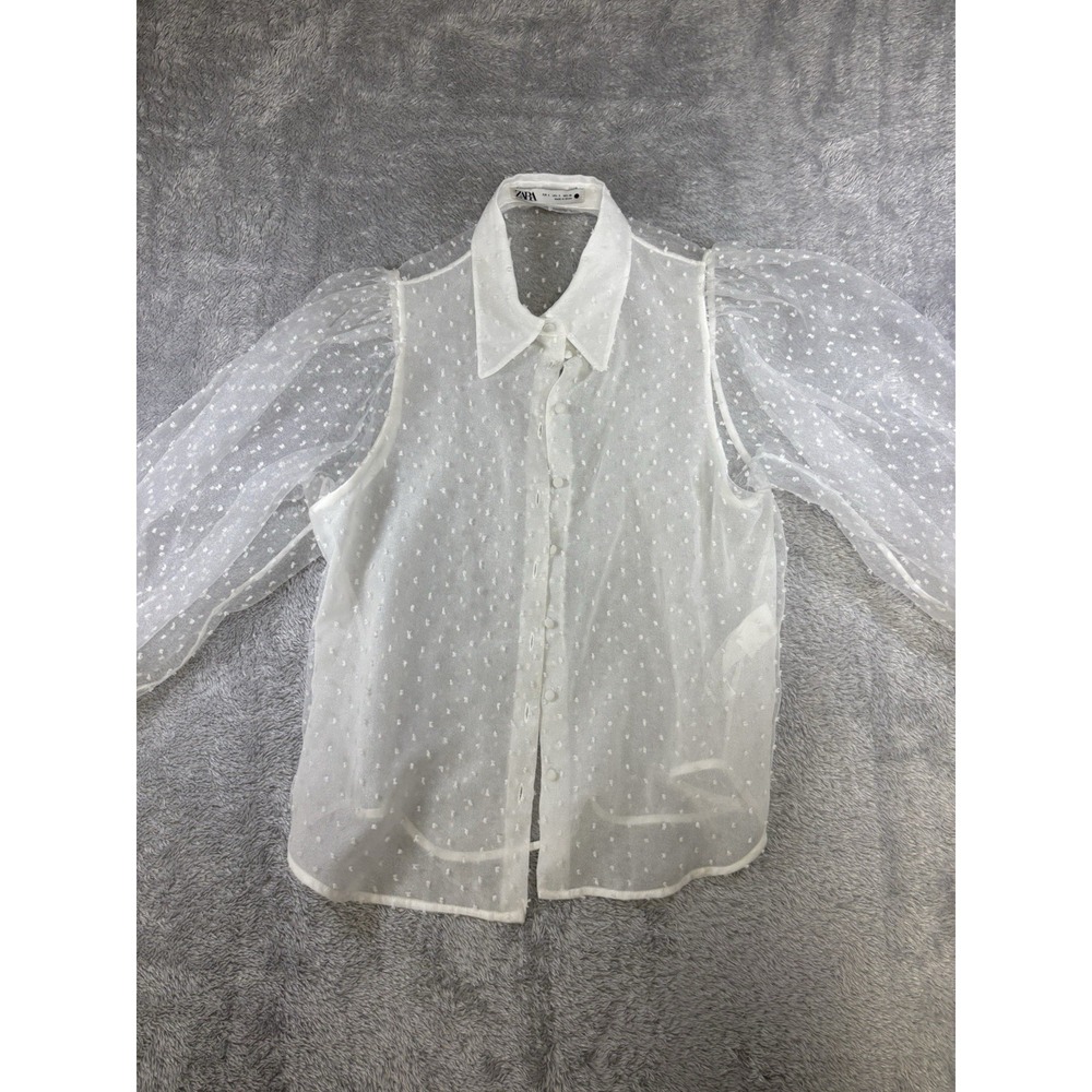 ZARA Blogger Favorite WOMENS S Swiss Dot Blouse Top Sheer Puff Sleeve 0744